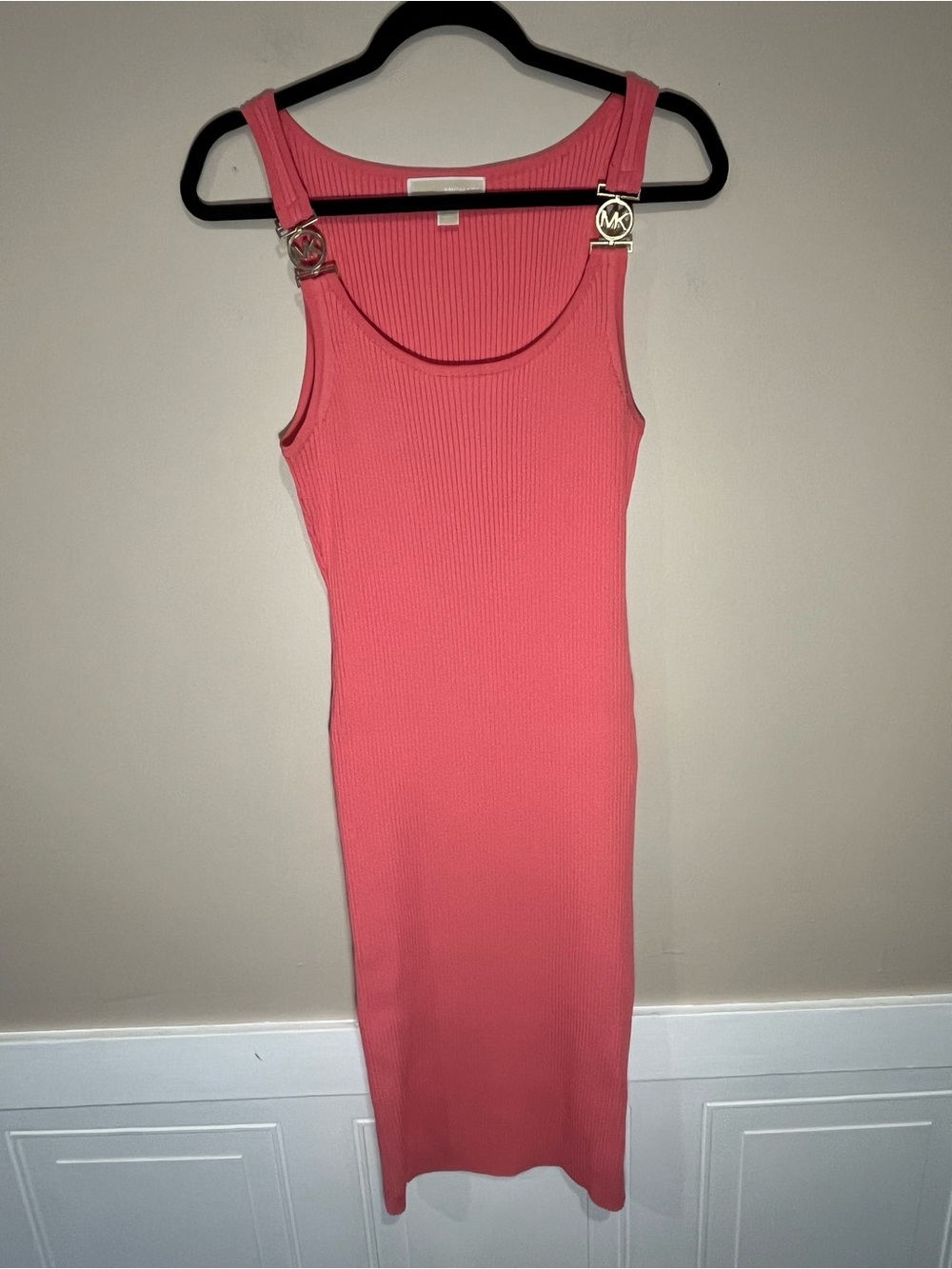 Michael Kors Coral Ribbed Tank Midi Dress with Gold MK Straps size L